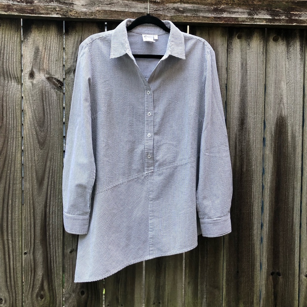 Finley Striped Seersucker Asymmetrical Button Front Tunic Top Roll Tab Sleeves